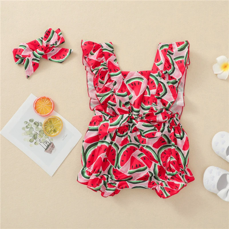 2Pcs Baby Girls Summer Outfit Watermelon/Leopard Print Square Neck Romper + Hairband for Toddlers 0-24 Months | Детская одежда и