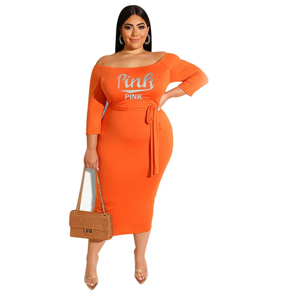 

Girdle Sashes One-shoulder Bodycon Dress Letter Printed Clothes Long Sleeve Autumn Clothes Ropa Mujer Talla Grande Plus Size
