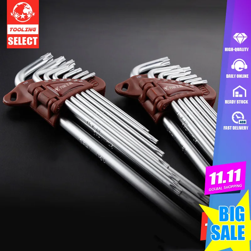 

LIJIAN 9pcs Torx Hex Key Wrench Set T10-T50 Cr-V Long Size With Chrome Plated Surface Finish