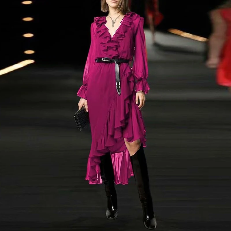 

Runway Designer Spring New Women'S Sexy V-Neck Flared Sleeves Fashion Elegant Chic Ruffled Asymmetric Midi Casual Party Dress