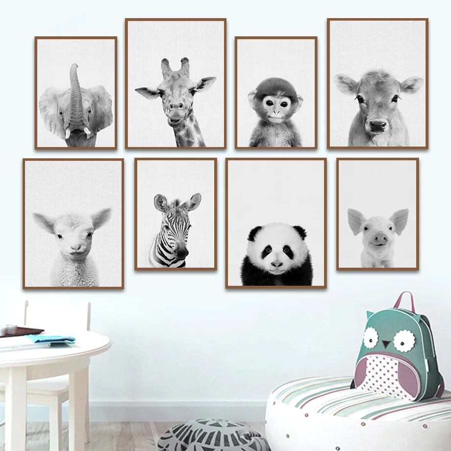 

Elephant Giraffe Monkey Zebra Panda Cow animals Wall Art Canvas Painting Nordic Posters And Prints Wall Pictures Kids Room Decor