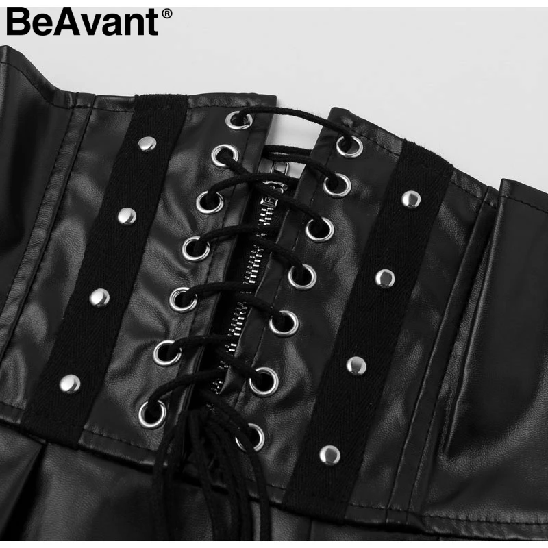 BeAvant/Пикантные мини-юбки из искусственной кожи для женщин, высокая талия, шнуровка, молнии, гофрированная черная юбка, Осень-зима, вечерние юбки трапециевидной формы для клуба