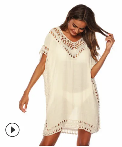 beige Пляжная одежда Saida De, пляжные длинные туники для женщин, купальный костюм, накидка до, новые крючки, плюс слюб ткань, одежда, купальник - Цвет: beige