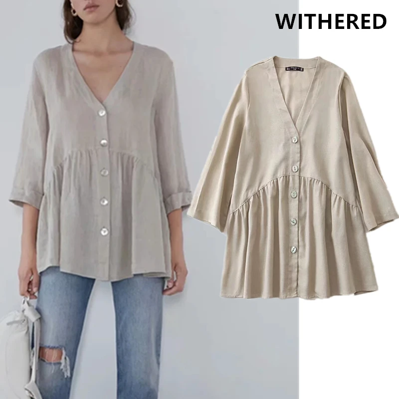Withered england simple single breasted linen v-neck shirt blusas mujer de moda kimono shirt women womens tops and tshirt