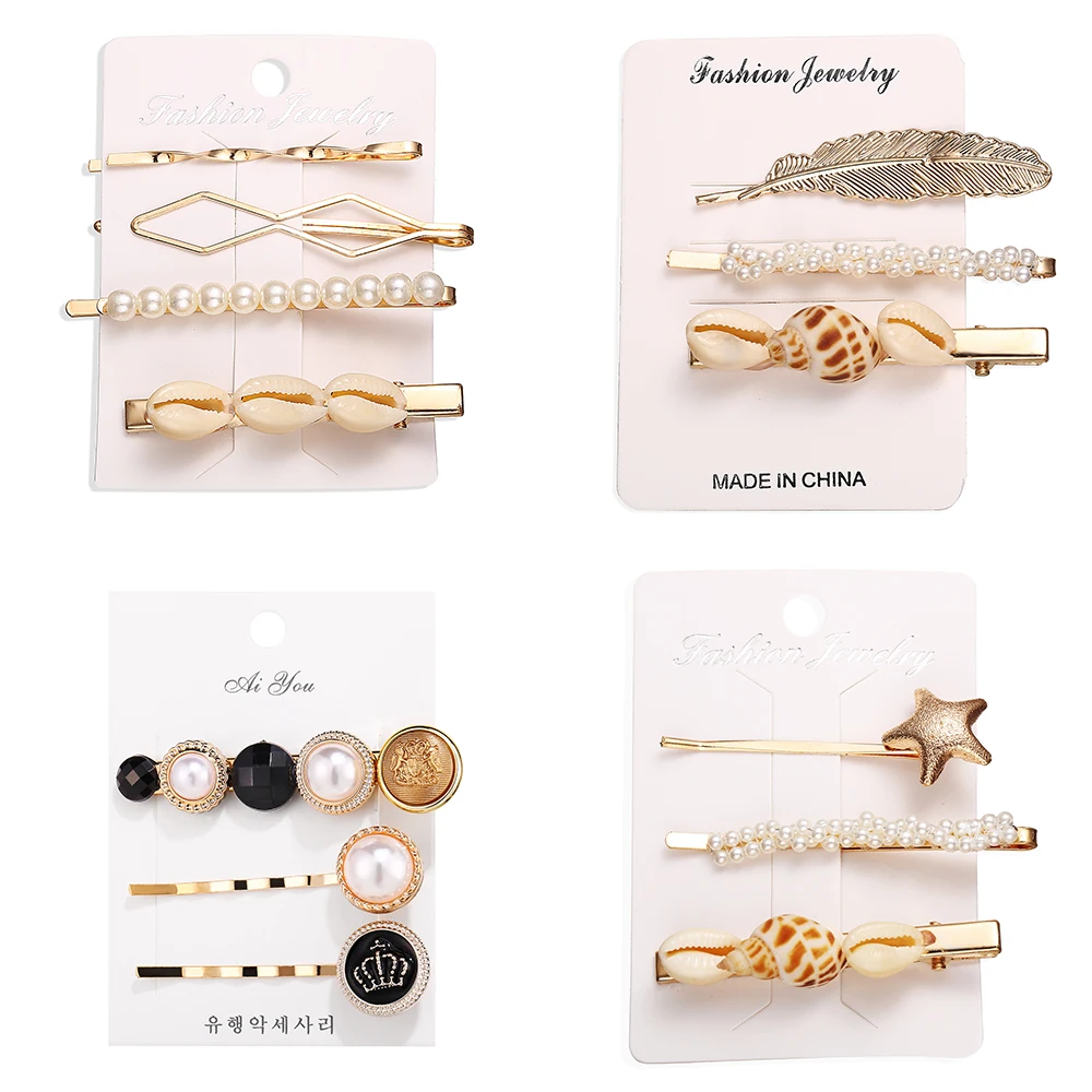 Корейские простые металлические жемчужные Заколки для женщин в форме звезды и