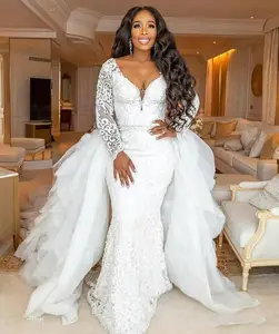 African Sexy Long Sleeves Mermaid Wedding Dresses long Detachable Train Lace Appliqued Beaded Plus Size Bridal Gown