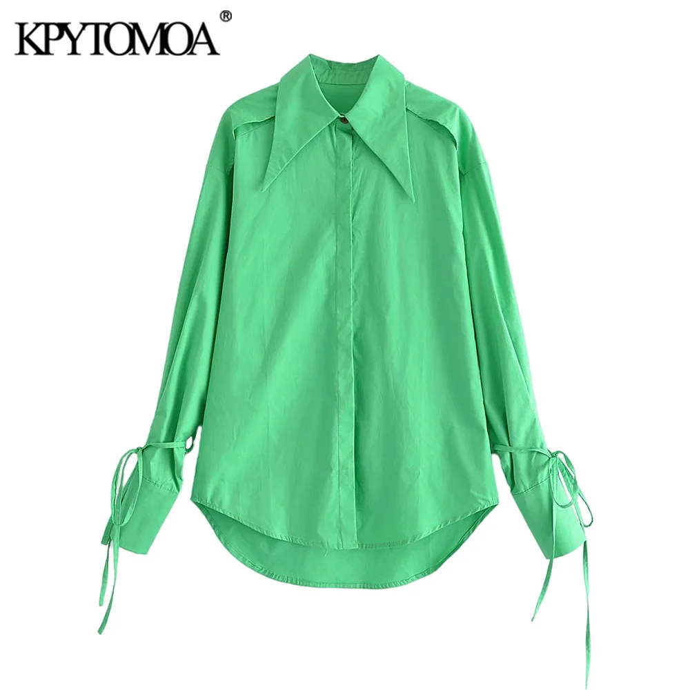 

KPYTOMOA Women 2021 Fashion With Ties Loose Green Asymmetry Blouses Vintage Long Sleeve Button-up Female Shirts Chic Tops