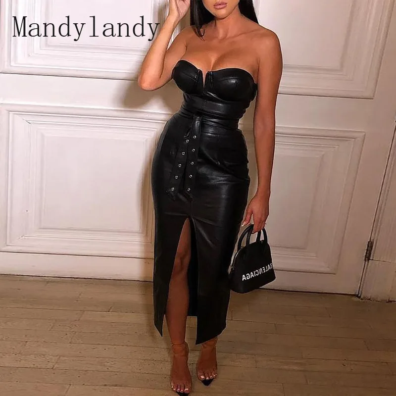 

Mandylandy Women's Strapless Sleeveless Sexy Slim Dress Summer Fashion Split PU Solid Color Rivet Dress
