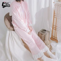 comfoetable rabbit ear and tail furry sweater pink bunny girl cute plush homewear pants suit pajamas autumn and winter