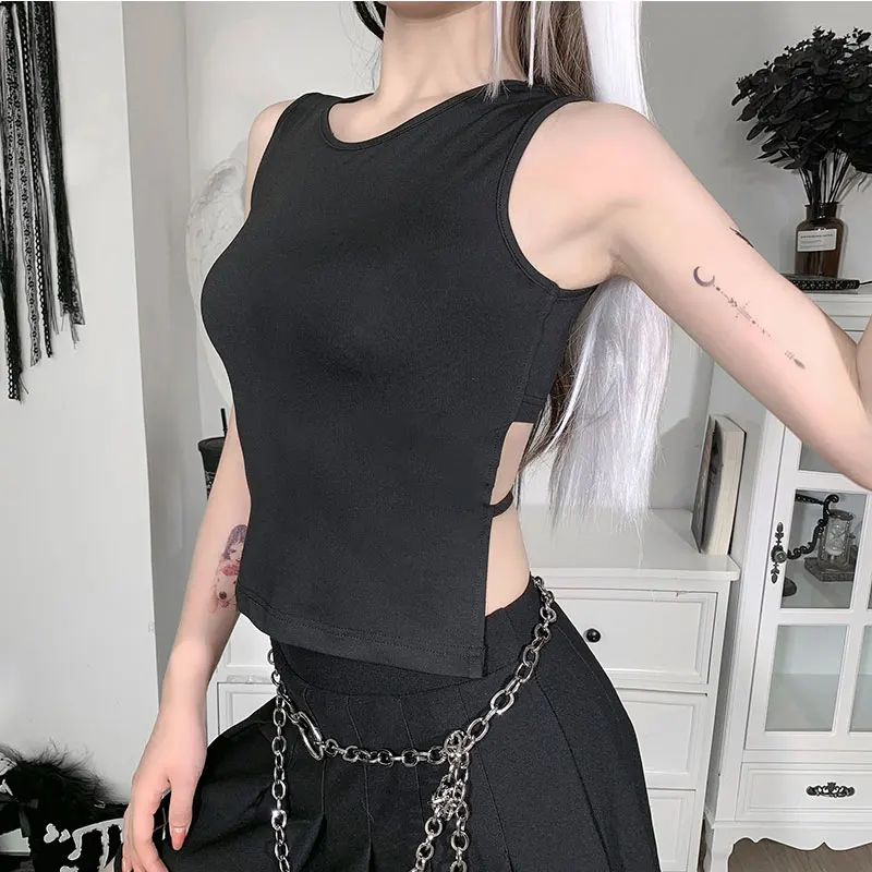 Summer Sleeveless Short Top Female Pure Color Slim Slim Lace-up Halter Vest Tight-fitting Pure Color Women's T-shirt goth Tops