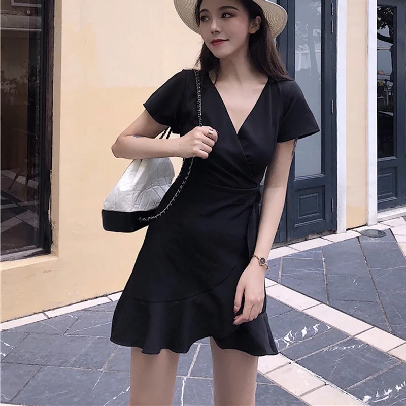 

Women Summer Sexy Waist Irregular V-neck Ruffled Dress Party Dress