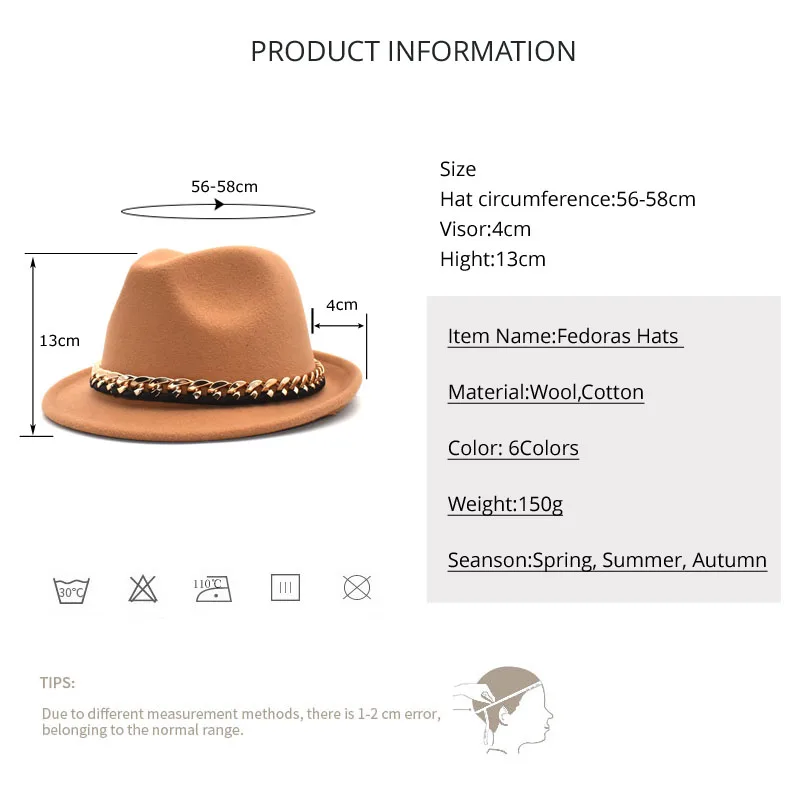 New Autumn Winter Wool Fedoras Hats Women Chain Wide Brim Panama Jazz Hat Men British Vintage Cowboy Hat F114
