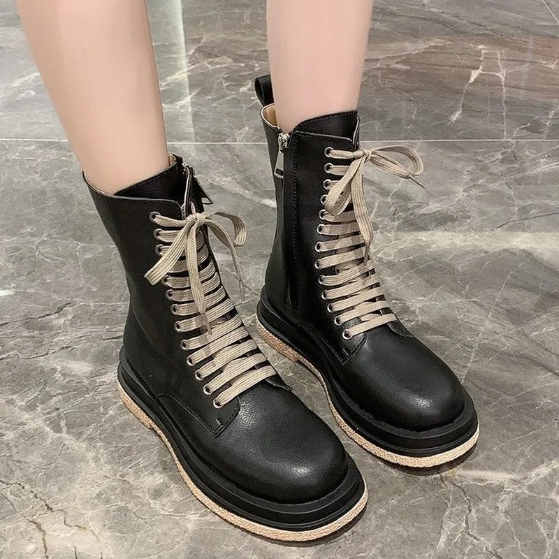 

Solid Leather Boots Women Shoes Woman New Autumn Winter Lace Up Low Heels Platform Shoes For Women Boots Square Toe Ankle Boots