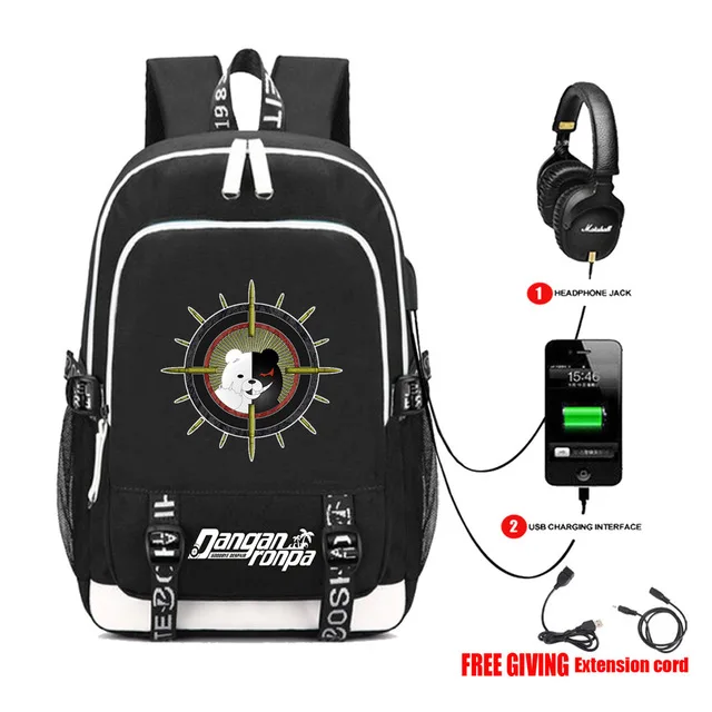 USB Charging Headphone Jack Backpack School Bags Mochila Feminina Laptop Schoolbag anime Danganronpa Printing backpack |