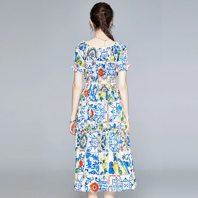 

Fashion Runway Summer Dress Women Elegant Slash Neck Puff Sleeve Elastic waist Multicolor Flower Print Vintage Midi Dress