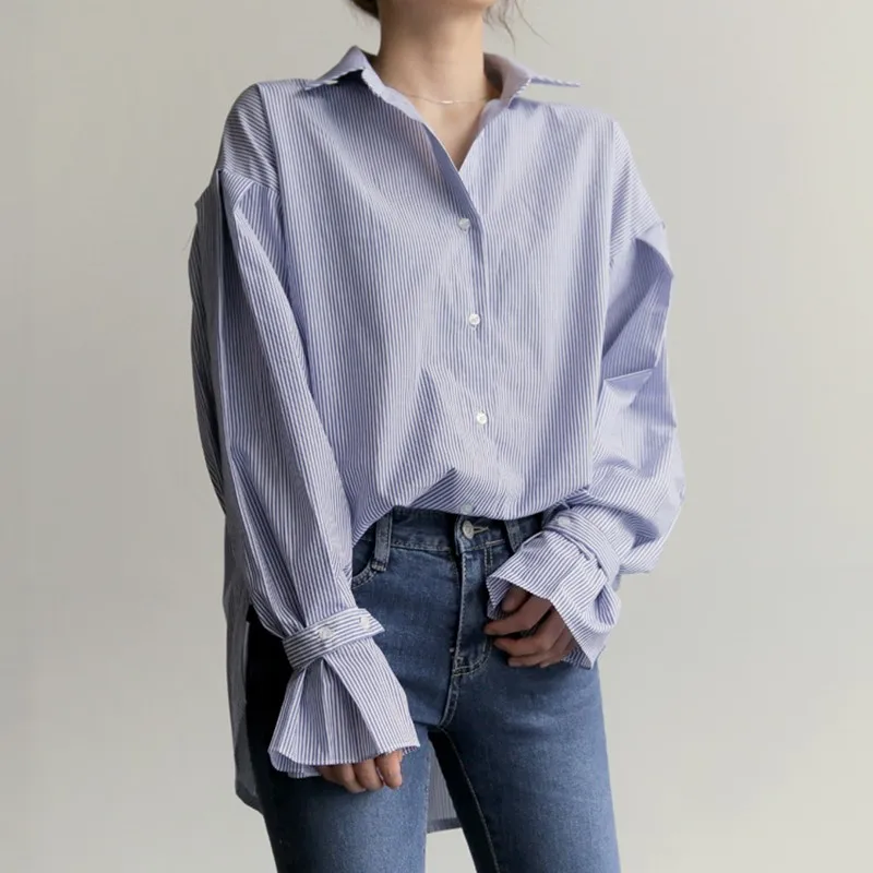 

Women Long Sleeve Elegant Shirts New Arrival 2021 Autumn Korean Style Vintage Striped Flare SleeveLoose Female Casual Tops W681