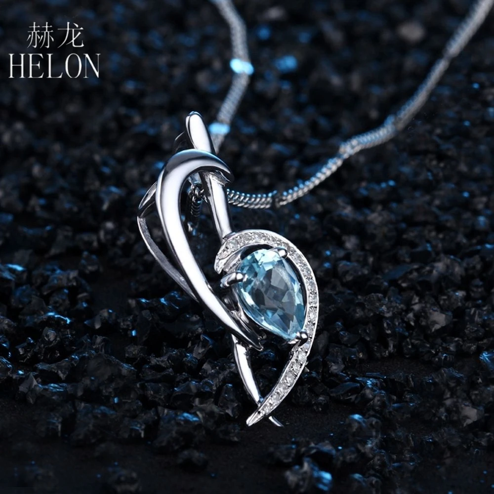 HELON Solid 14K белое золото груша 1.56ct натуральный, небесно-синий топаз и Алмаз Кулон помолвка свадебные женские ювелирные изделия кулон