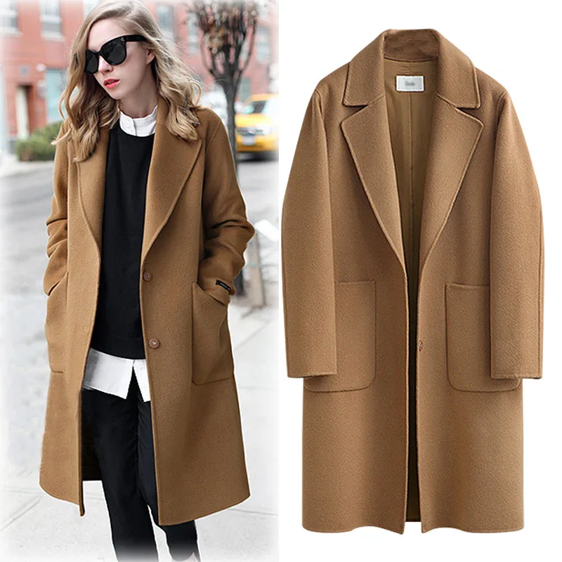 2021 Winter New Women Fashion Long Sleeve Thicken Wool Coat Solid Pocket Casual Trench High Street Outwear Overcoat