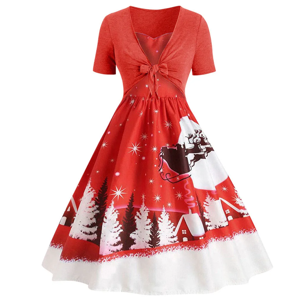Autumn Elegant high waist dresses Christmas Printed Dress For Women Vintage Short Sleeve Bow Knot A-Line Swing Dress Suit