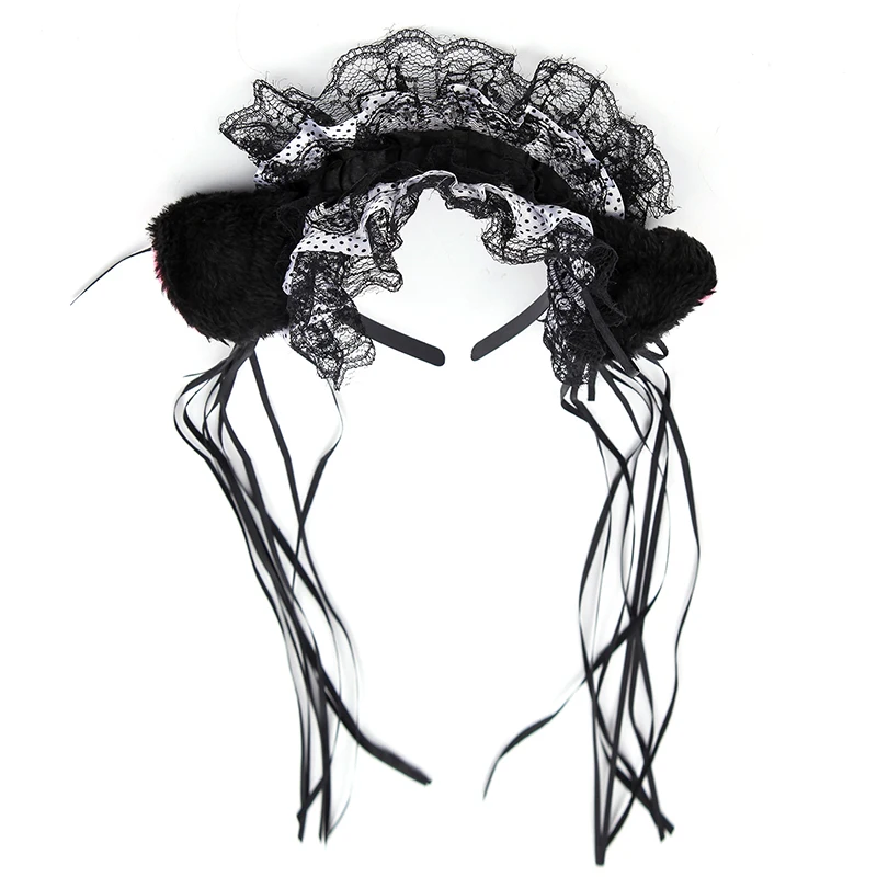 

Обруч для волос Женский, кружевной, с оборками, в готическом стиле, с кошачьими ушками, колокольчик с лентой