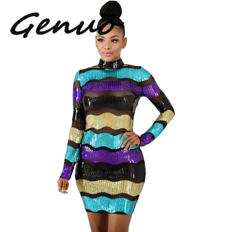 Genuo Новинка 2019 цветное Полосатое платье с блестками из прозрачной сетки