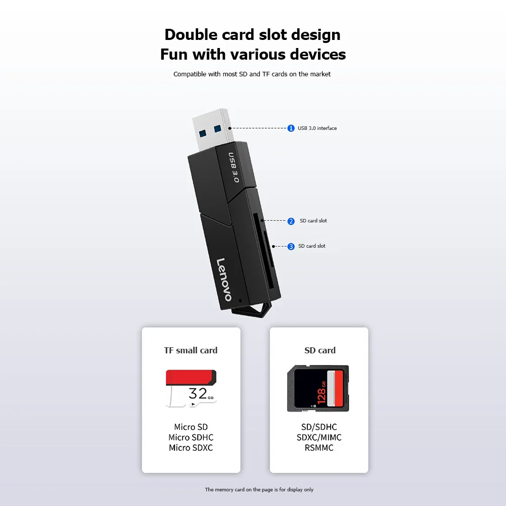 Lenovo D204 5 Гбит/с USB 3 0 устройство для чтения карт памяти 2 в 1 SD TF портативный адаптер
