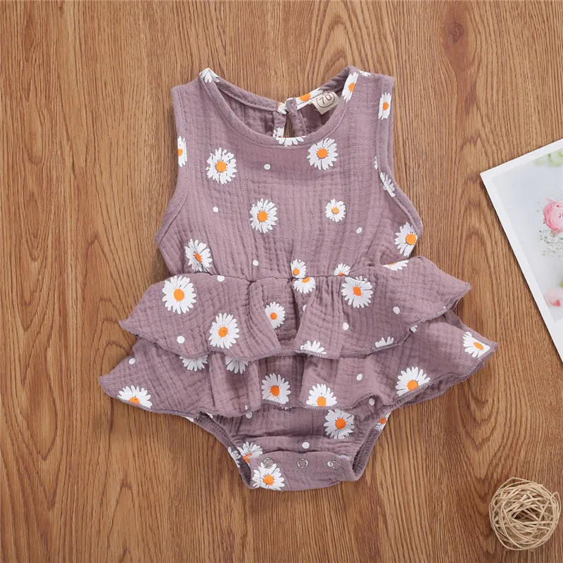 

Newborn Sleeveless Romper Daisy Print Round Neck Ruffles Summer Clothing Soft Cotton Infant Baby Girl Jumpsuit 0-24M