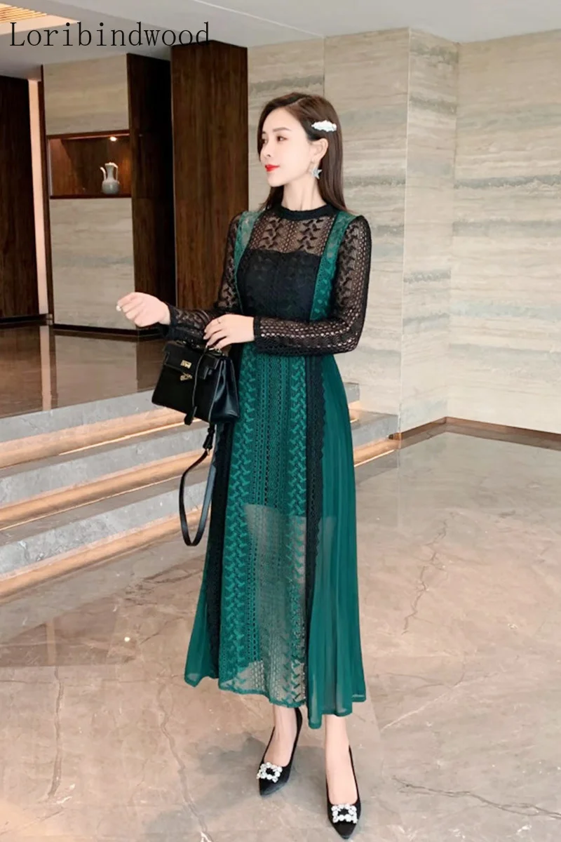 

2021 French light luxury temperament heavy industry water-soluble lace long skirt sexy green super fairy dress girl
