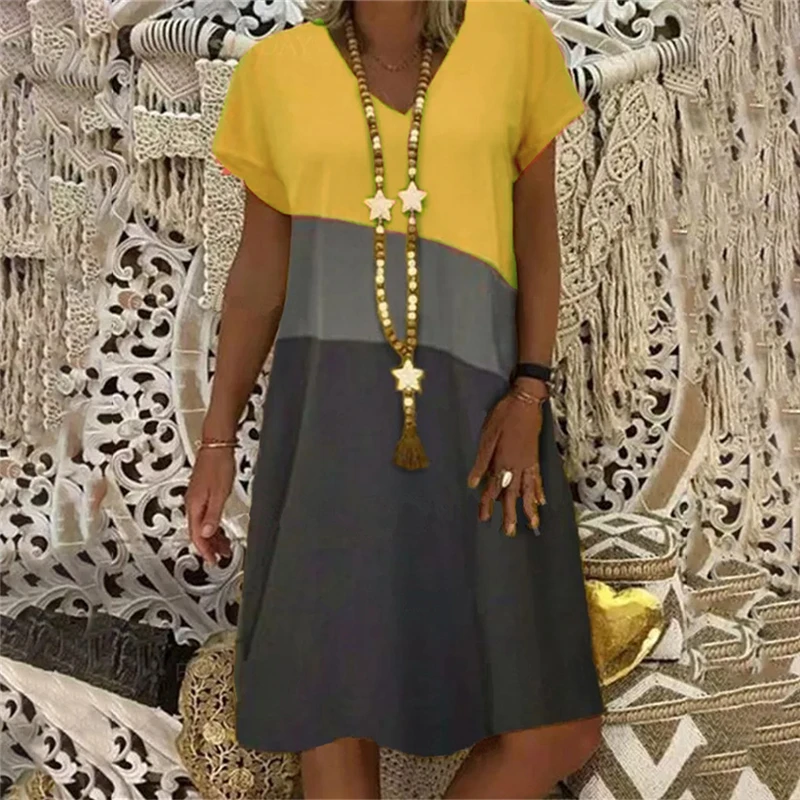 

Women Summer Dress Vintage V-neck Short Sleeve Midi Dress Retro Printed Patchwork Loose Beach Casual Dresses Plus Size 2XL