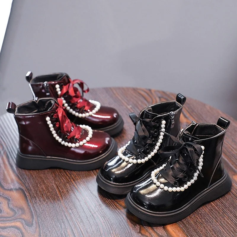 

Children's Martin boots pearl fashion princess girl ankle boots short black wine red 22-36 toddler autumn children's shoes