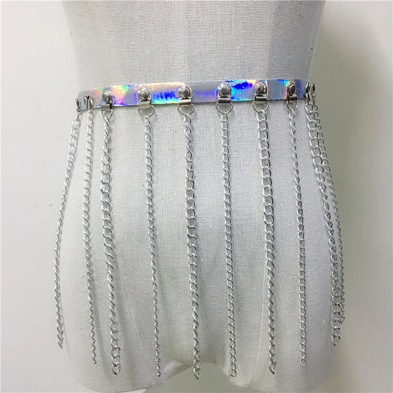 

Harness Link Chain Tassel 2 Piece Body Bondage Holographic Laser Women Garters Metal O Ring Bra Sexy Mini Skirt Night club Wear