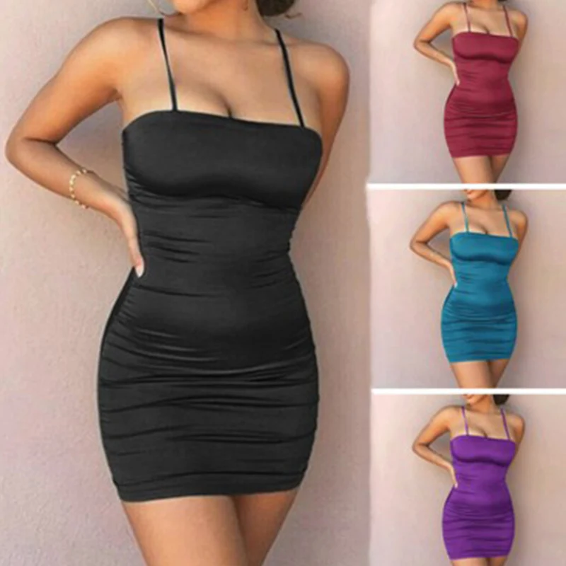 

Women black Dress Summer Solid Female Hot Party Dress Sexy Casual ins net red nightclub sling wild bag hip slim Mini Sleeveless