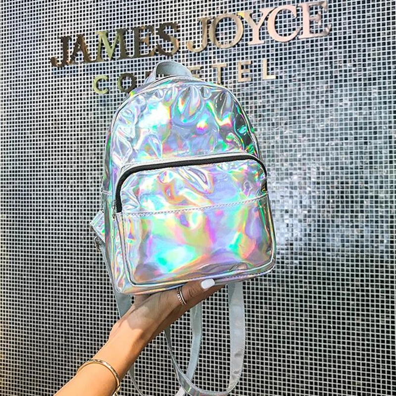 Фото Мини лазерные рюкзаки для женщин серебристый Модный Лазерный рюкзак молодежная