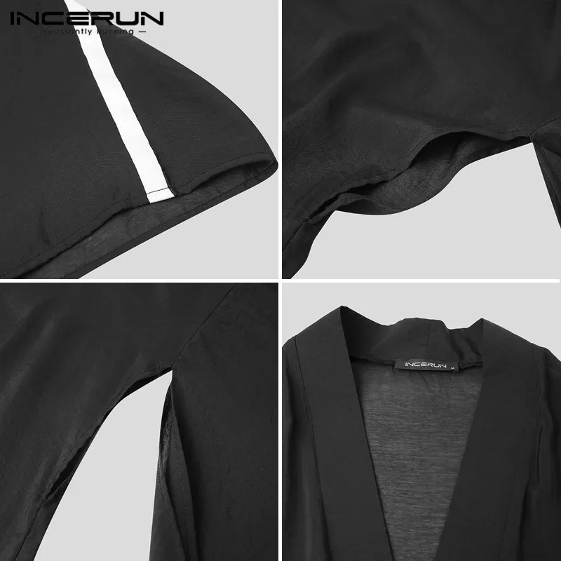 

INCERUN Men Outerwear Patchwork 3/4 Sleeve Streetwear Open Stitch Cloak Coats Men Fashion Translucent Casual Long Trench S-5XL