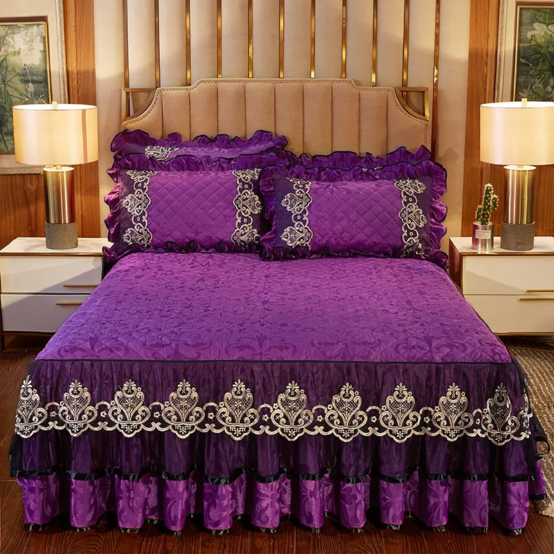 Lace Velvet Bed Skirt Queen Full King Cover with Surface Quilted Bedspread Elastic Band Soft Warm European 3-Piece | Дом и сад