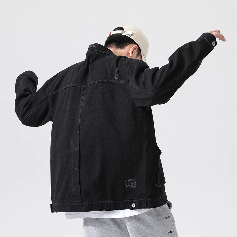 Мужская джинсовая куртка с длинным рукавом синяя приталенная из хлопка верхняя