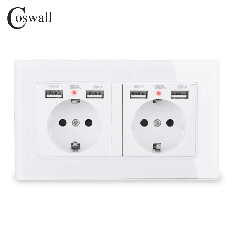 White COSWALL бренд 2 банды Россия Испания настенная розетка стандарта ЕС с 4 USB зарядным портом скрытый мягкий светодиодный индикатор кристальная стеклянная панель - Тип: White