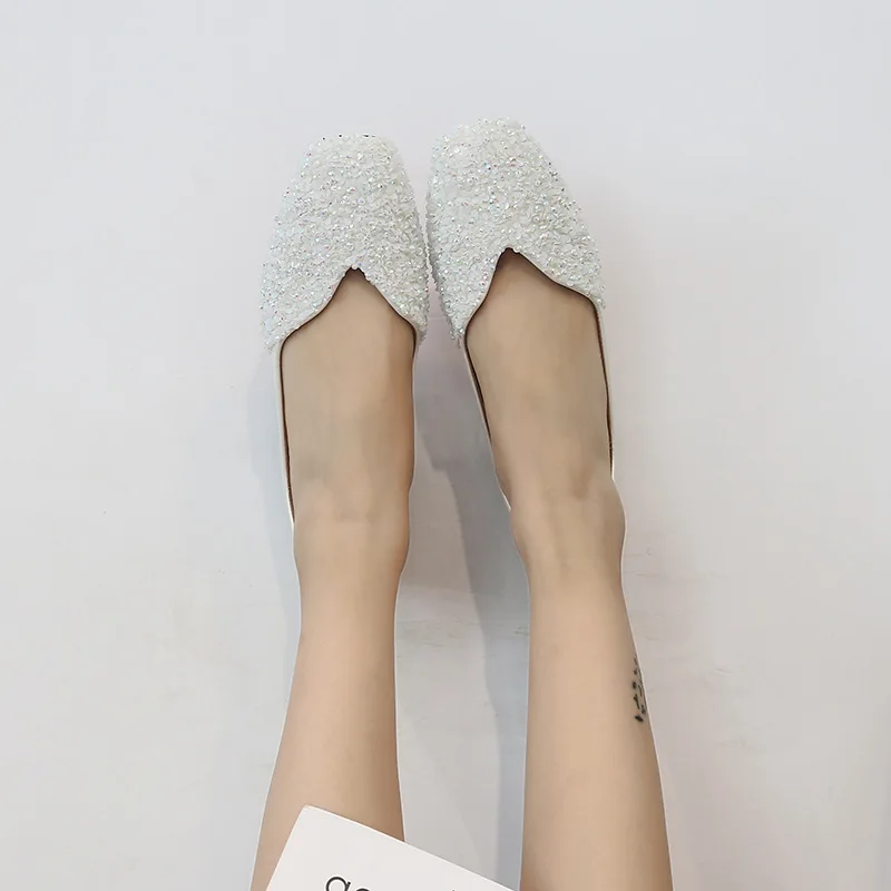 Crystal Sneakers Women Fashion Comfy Slip on Loafers Lady Casual White Pu Leather Square Toe Office Flat Shoes Zapatos Talla 43