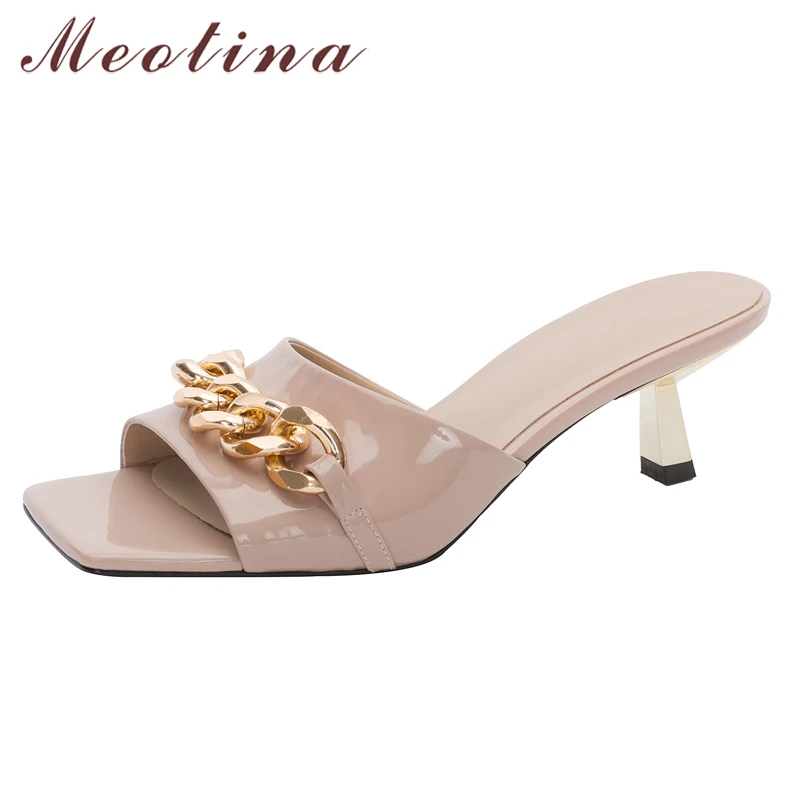 

Meotina Women Slippers Shoes Chain High Heel Sandals Square Toe Slippers Thin Heel Cow Leather Ladies Footwear Summer Black 40