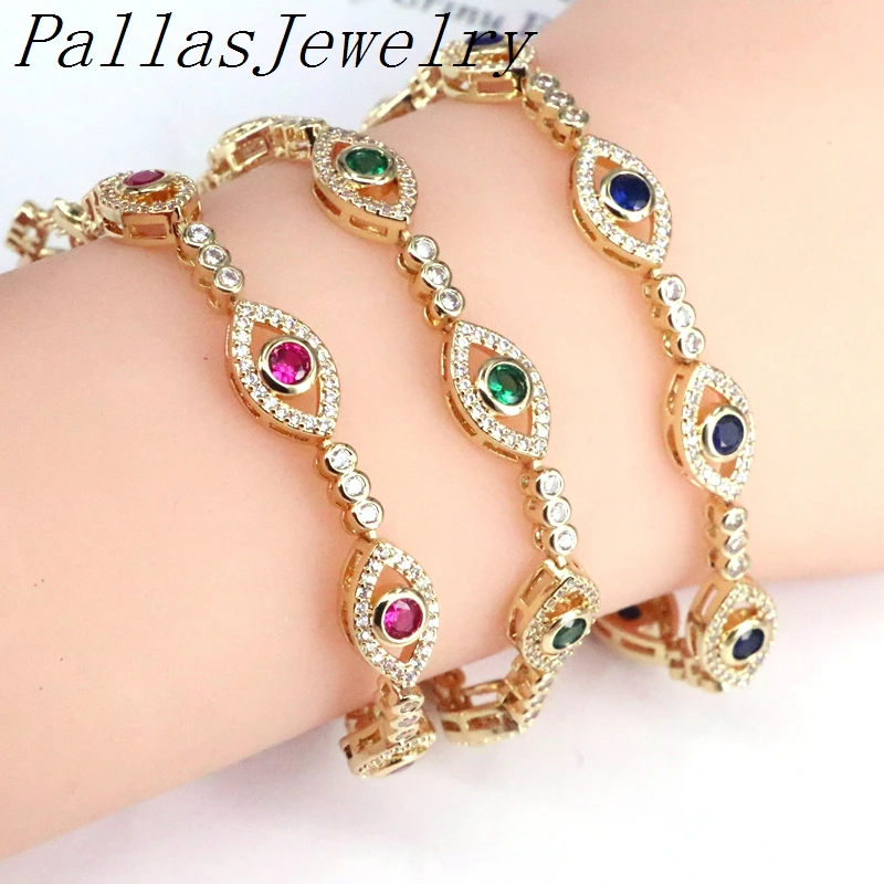 

3Pcs Gold Plated Turkish Rainbow Eyes Copper Tennis Chain Bracelet Full cz Adjustable Bracelet for Women jewelry