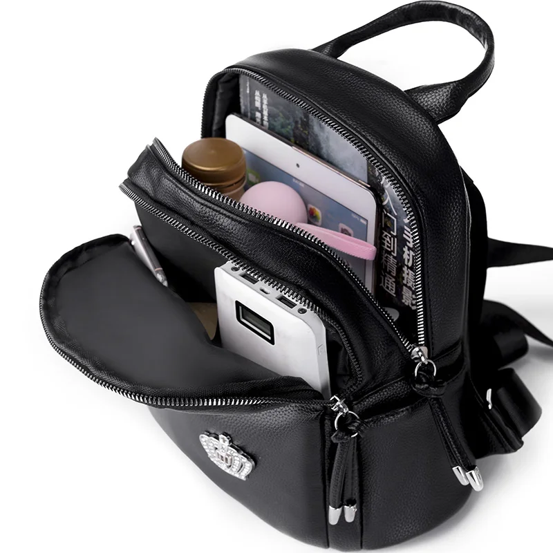

Soft Leather Crown Decoration Women's Backpack Solid Color Large Capacity Fashion Backbag Female Casual Travel Portable Bagpack