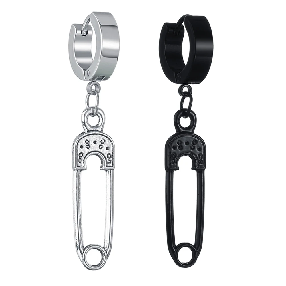 

2 Colors Black and Silvery Punk Pin Earrings Paperclip Safety Dangle Fashion Earring Women Men Gothic Jewelry Gift Hot Sale
