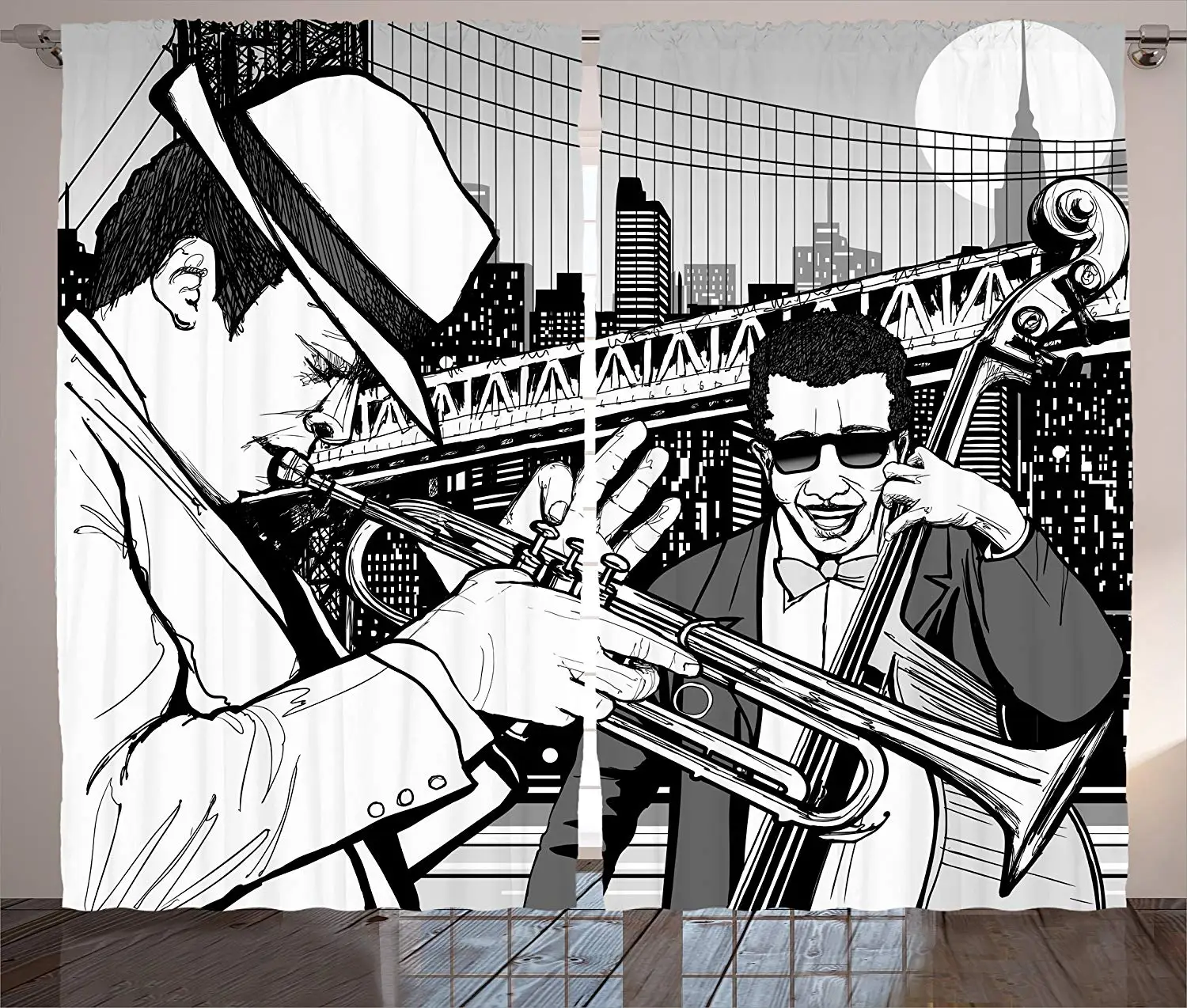 Занавески для джазовой музыки иллюстрация группы играющей Блюз в Нью-Йорк лунном