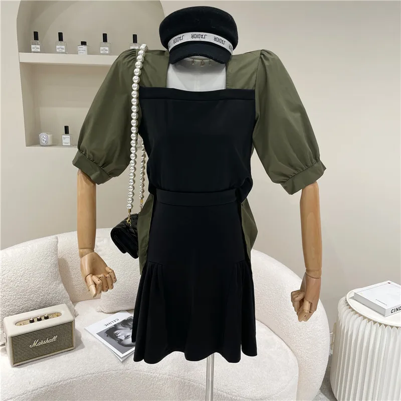

Two Piece Set Women's Spring Summer 2021 Niche Design Fashion Irregular Stitching Fake Two Pieces Shirt + Pleated Skirt