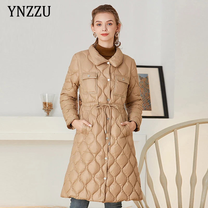 

Office lady Slim Down jacket 2021 Winter Warm Khaki Turn down collar Adjustable waist Long Coat Women's Outwear Chic YNZZU 1O300