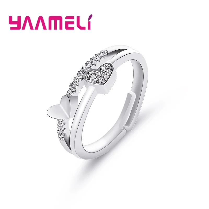 

Romantic Jewelry Adjustable AAA Cubic Zirconia 925 Sterling Silver Rings For Lovers Two Hearts Anniversary Accessories