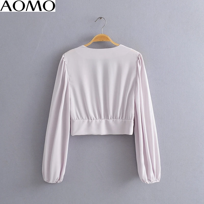 

AOMO fashion women retro crop blouse long sleeve 2020 new arrival chic female sexy o neck shirt tops JA48A