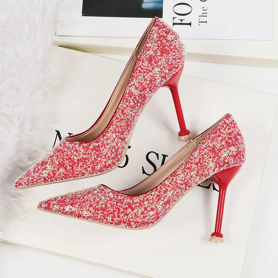 2020 Women 9cm Thin High Heels Pumps Sexy Glitter Leather Bright Pointed Toe Scarpins lady Stiletto yellow Bling Wedding Shoes | Обувь