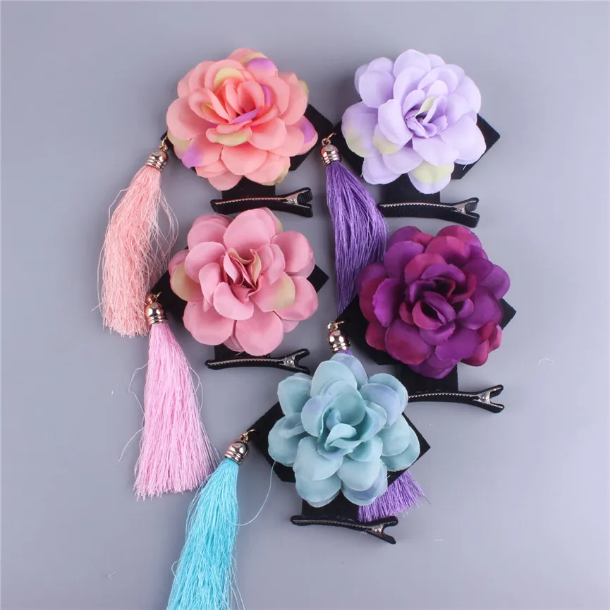 

Child Girl Cosplay Flower Head Tassels Headwear Chinese National Ancient Costume Hairbands Perform Party Flag Hair Clip Hairpin