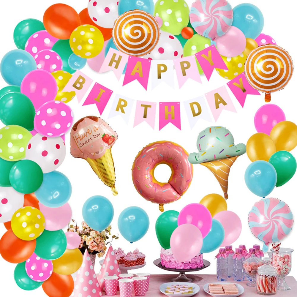 

70Pcs/Set Girls Kids Birthday Decoration Balloons Set Happy Birthday Banner Candy Doughnuts Foil Balloons Set Party Supplies